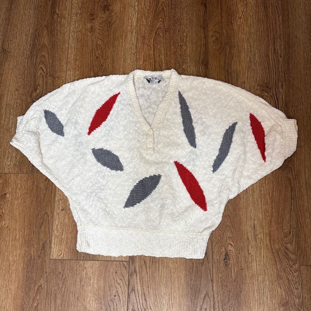 VTG 80s Richard & Co Linen Batwing Sweater Knit Top Cream Abstract Large retro